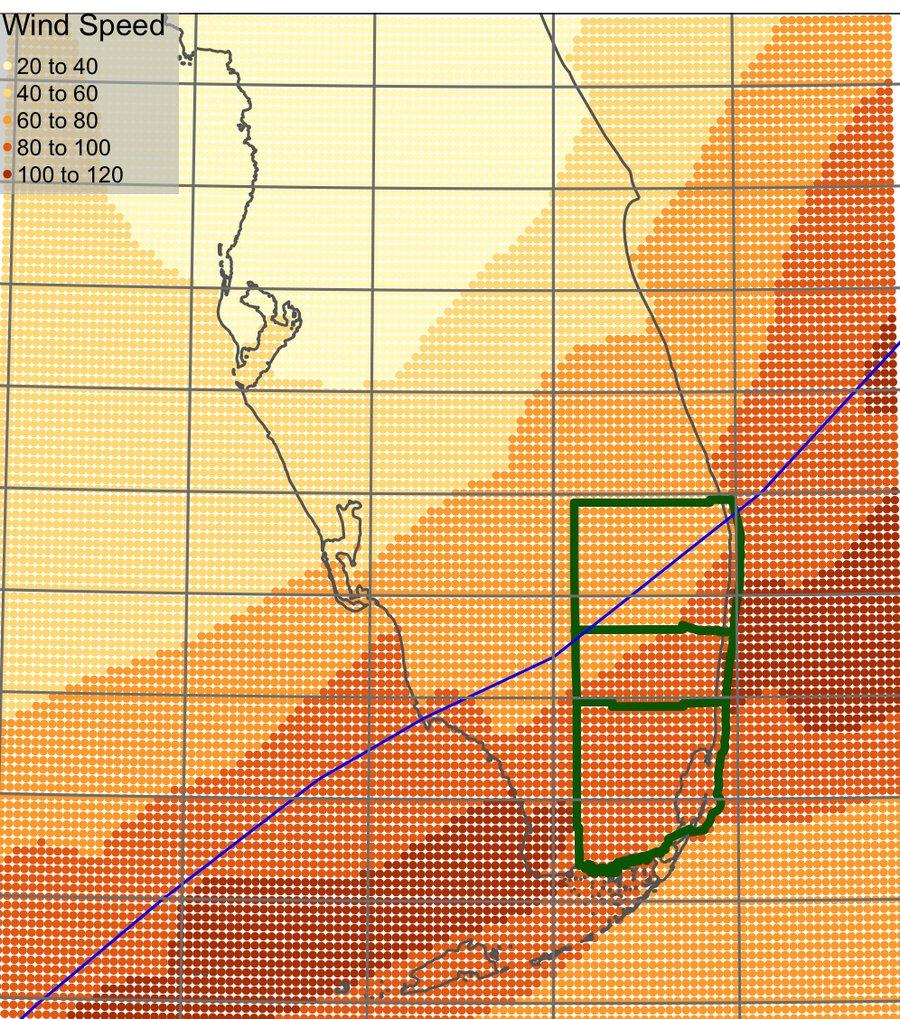 Hurricane Wilma wind speeds across South Florida, with the three study counties outlined, from the dissertation’s affordable housing chapter